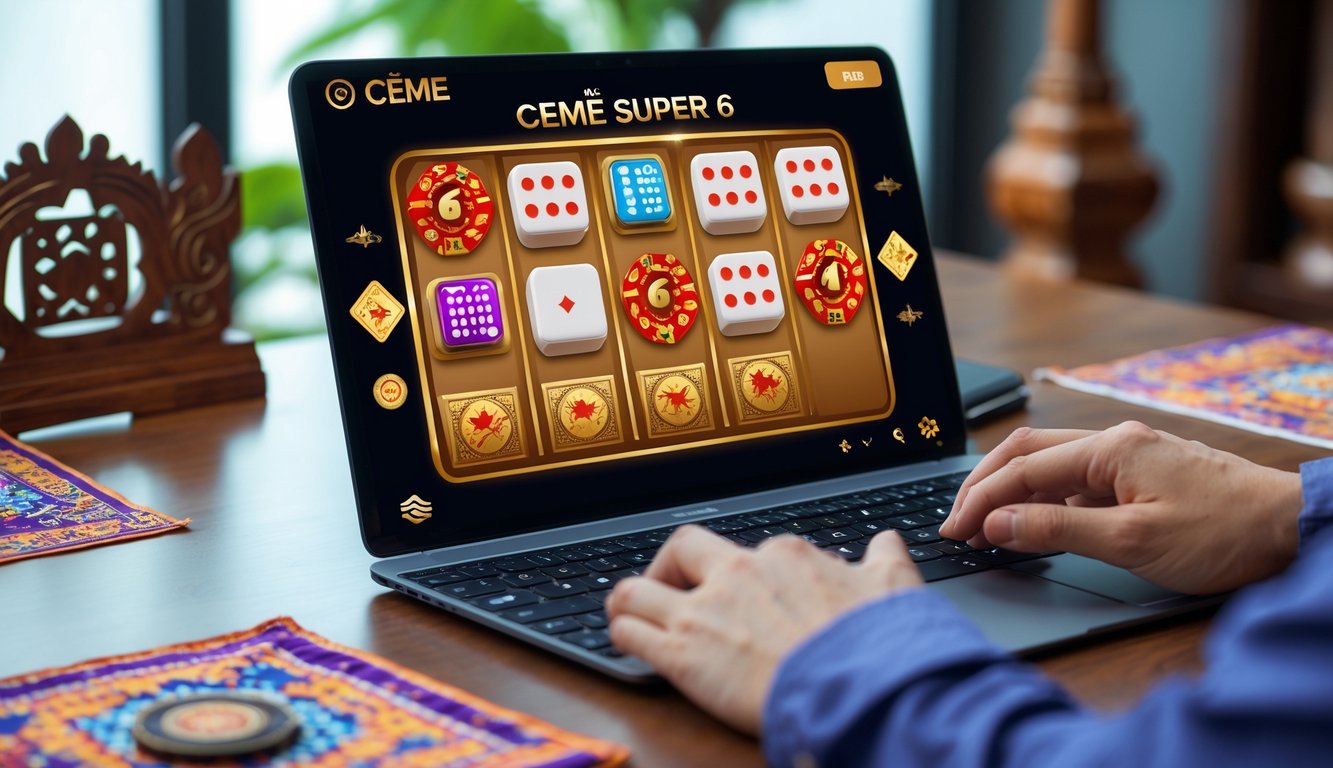 Seseorang menggunakan perangkat digital untuk bermain game Ceme Super 6 dengan latar belakang elemen budaya Indonesia.