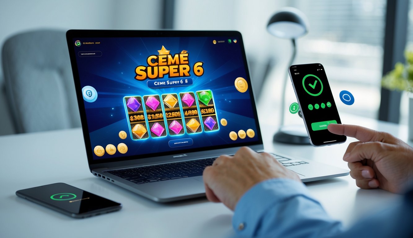 Seorang profesional menggunakan laptop dan ponsel untuk bermain permainan kartu online dengan transaksi cepat di ruang kerja modern.