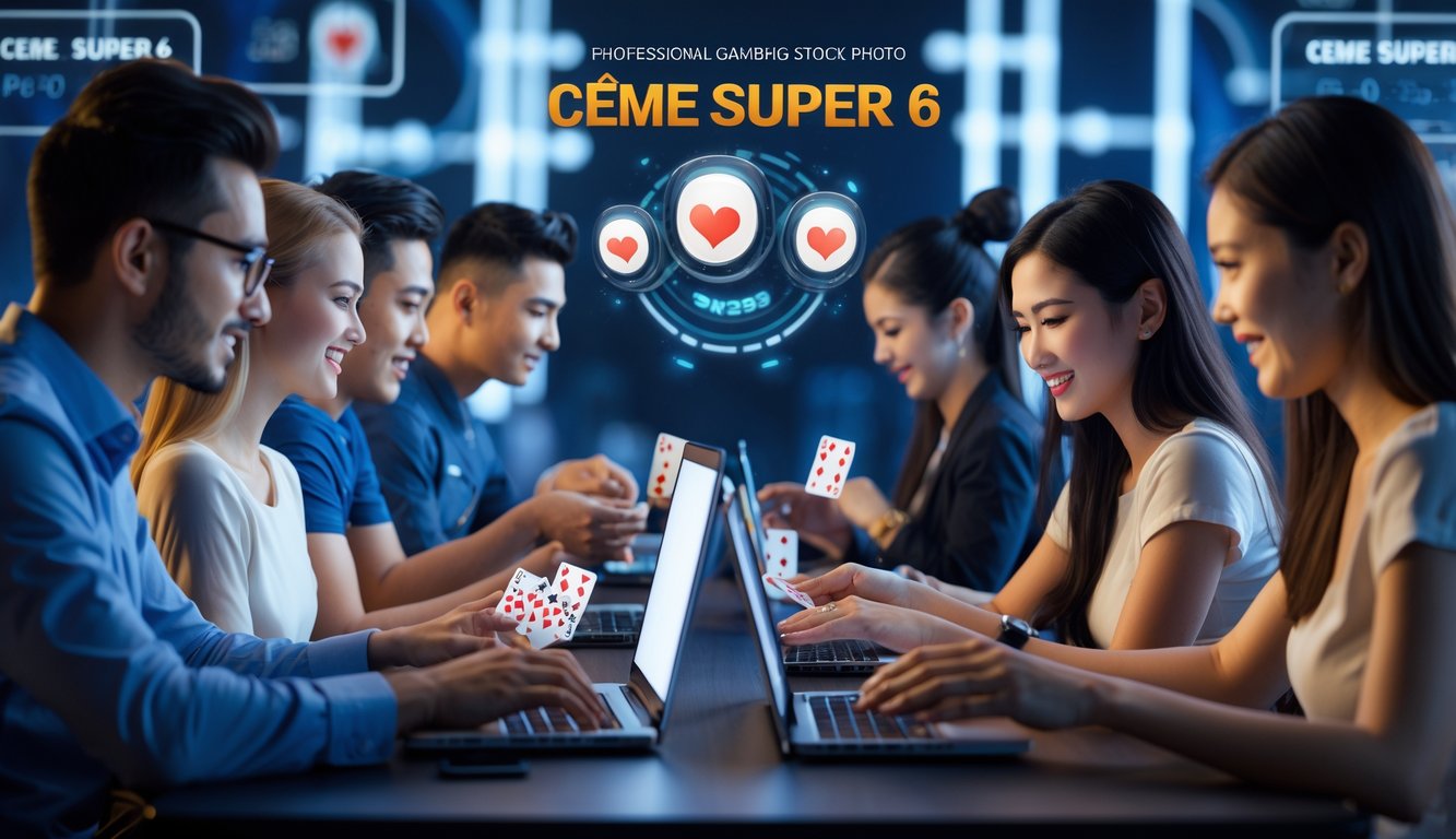 Beberapa orang sedang bermain permainan kartu online menggunakan laptop dan ponsel di ruangan modern dengan suasana profesional.