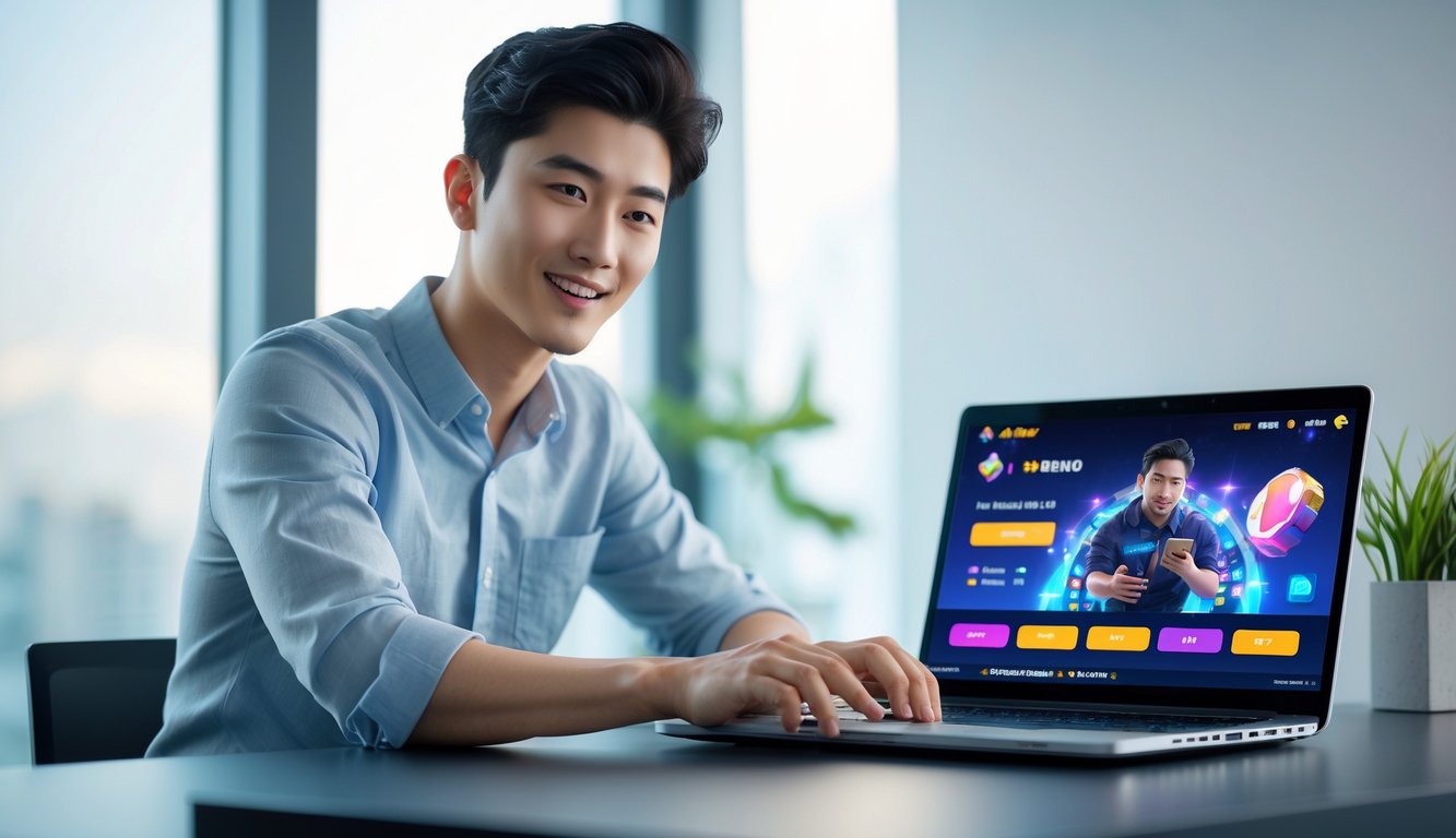 Seorang pria muda duduk di depan laptop di ruangan yang terang, fokus pada layar dengan tampilan permainan online.