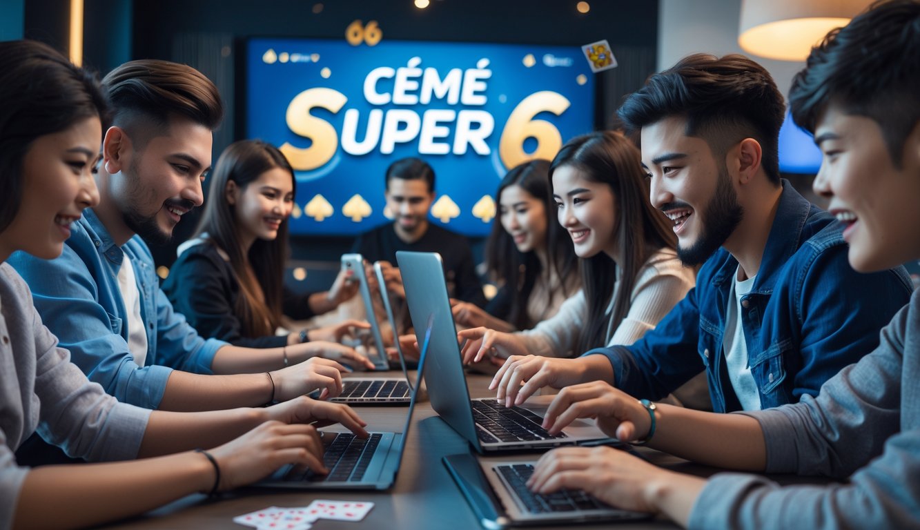 Sekelompok orang muda bermain permainan kartu online dengan laptop dan ponsel di ruangan modern yang terang.