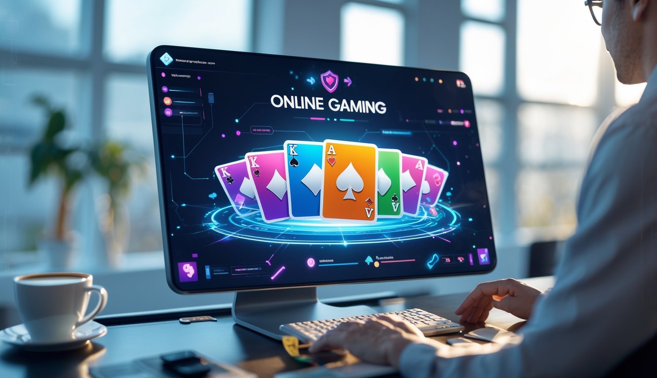 Seseorang bermain permainan kartu online di depan layar komputer dengan suasana ruang kerja yang nyaman.