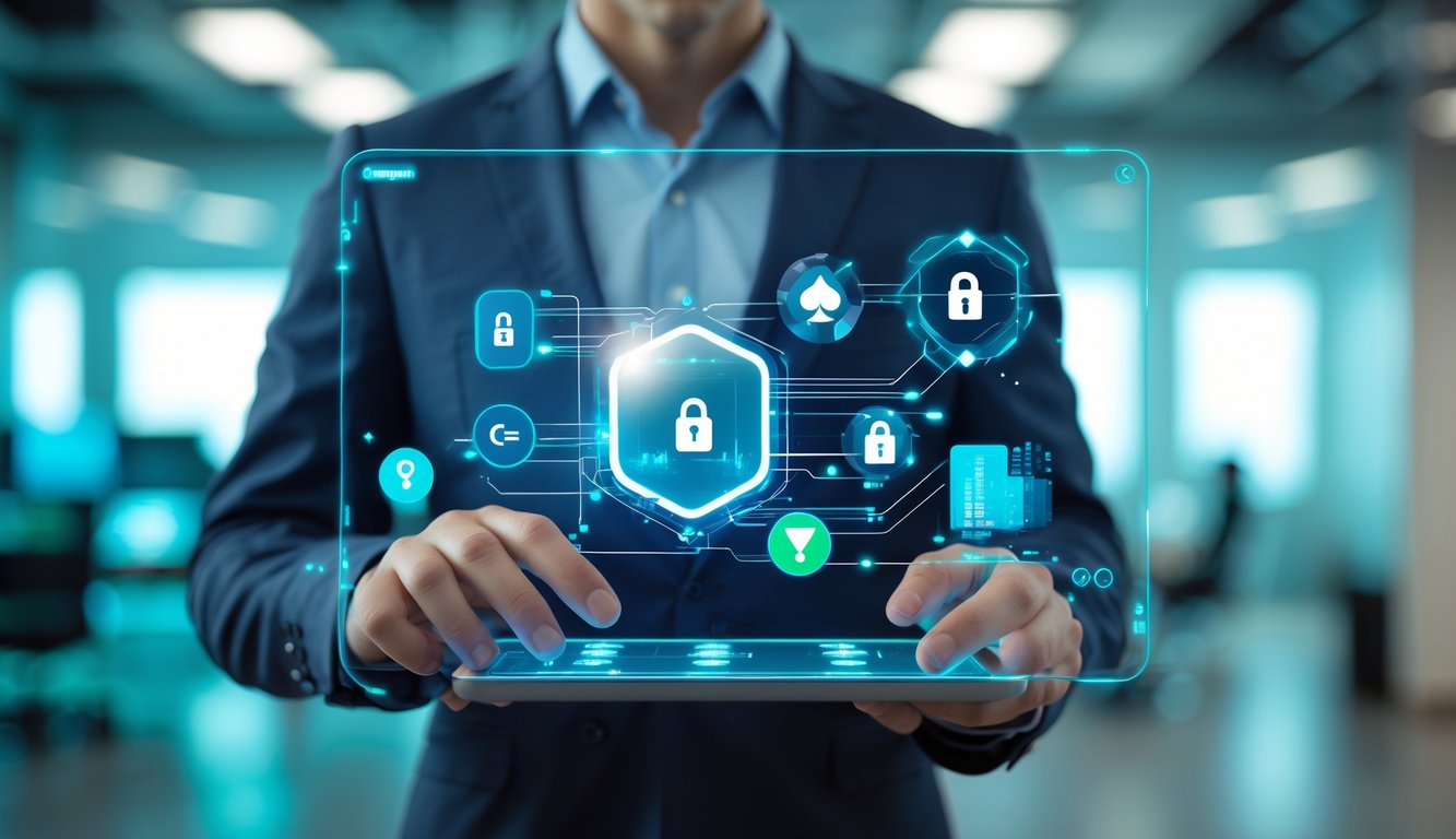 Seorang pria muda menggunakan layar sentuh digital dengan latar kantor modern yang samar.