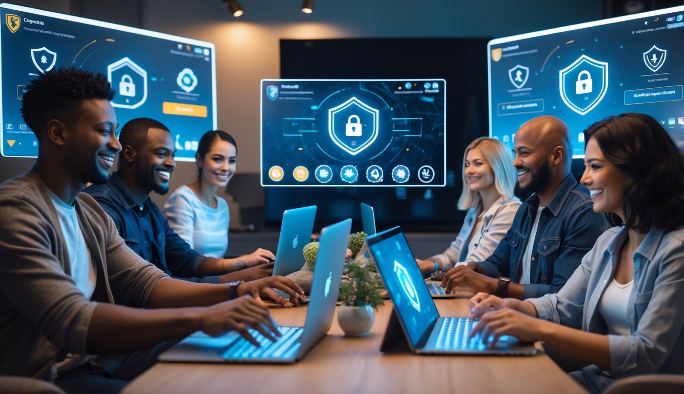 Beberapa orang dewasa sedang bermain permainan kartu online di ruang tamu dengan komputer dan tablet, terlihat aman dan nyaman.