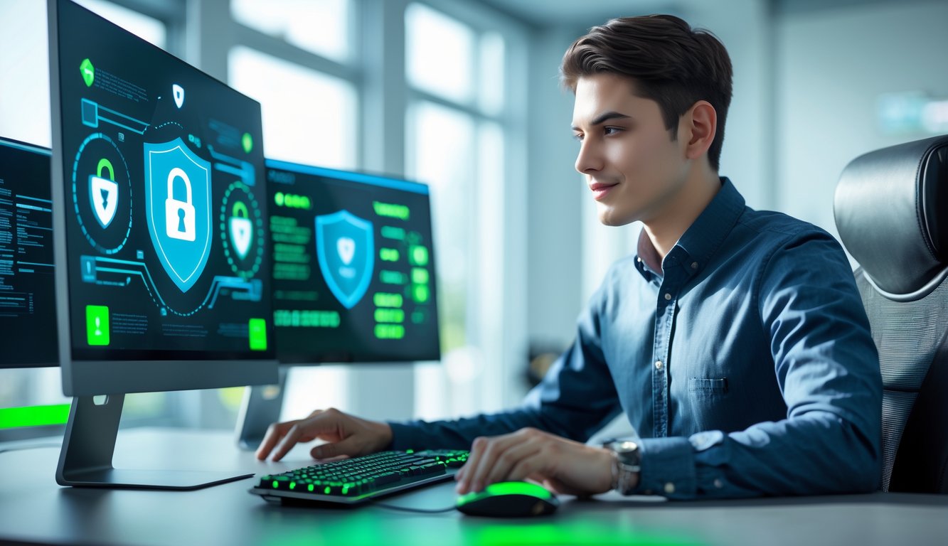 Seseorang menggunakan komputer dengan tampilan ikon keamanan digital di layar dalam ruangan kantor yang terang.