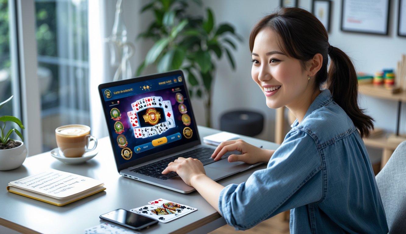 Seorang pemula muda sedang belajar bermain permainan kartu online di laptop di ruang kerja rumah yang rapi.