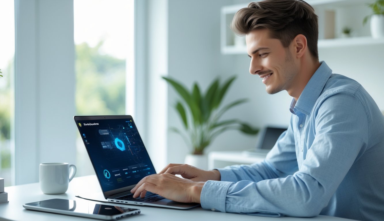 Seorang pria muda duduk di meja dengan laptop, fokus menggunakan komputer di ruang kerja yang terang dan rapi.