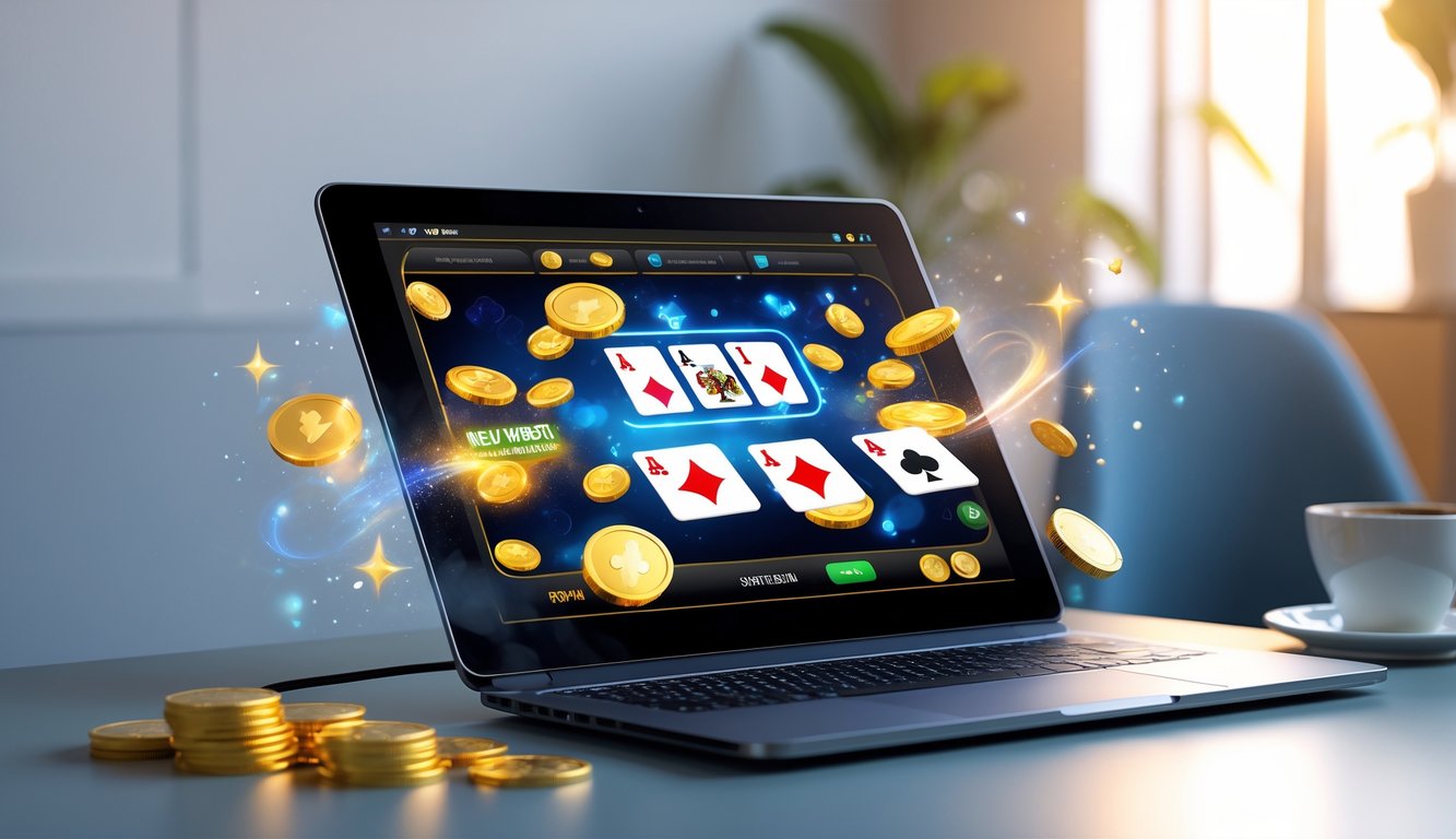 Seseorang menggunakan laptop dengan permainan kartu online yang menampilkan chip dan kartu, di meja kerja yang rapi dengan cangkir kopi dan pencahayaan hangat.