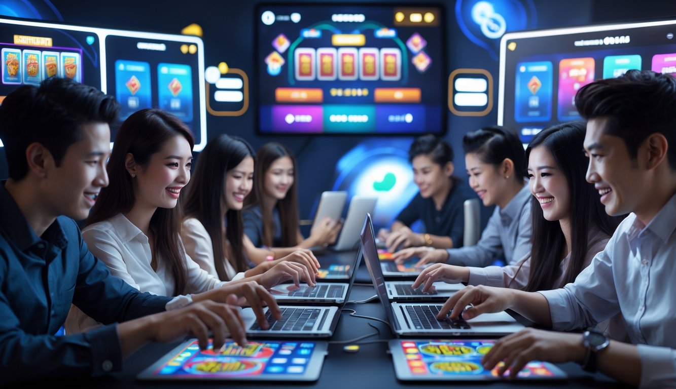 Beberapa orang muda sedang bermain permainan kartu online di komputer dan tablet di sebuah ruang kerja modern.