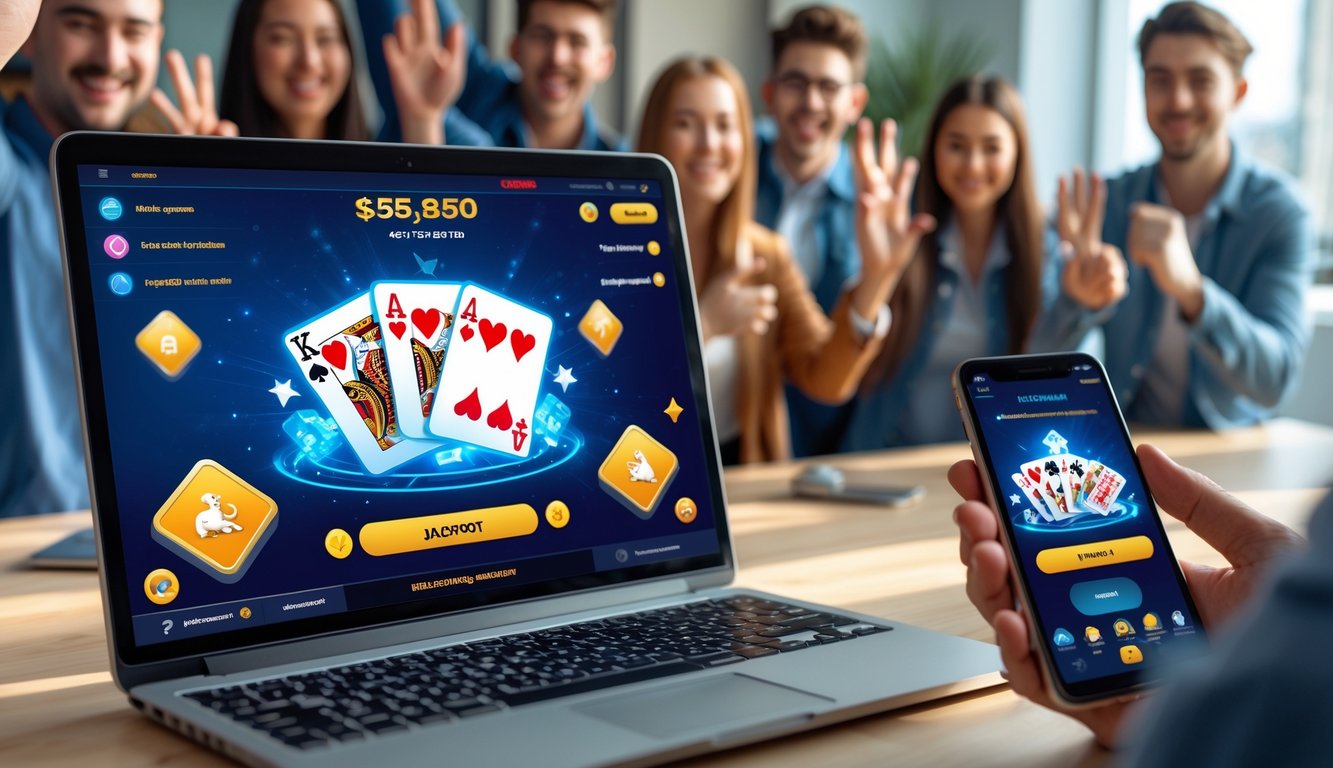 Sekelompok orang muda bermain permainan kartu online dengan ekspresi gembira dan suasana kemenangan.