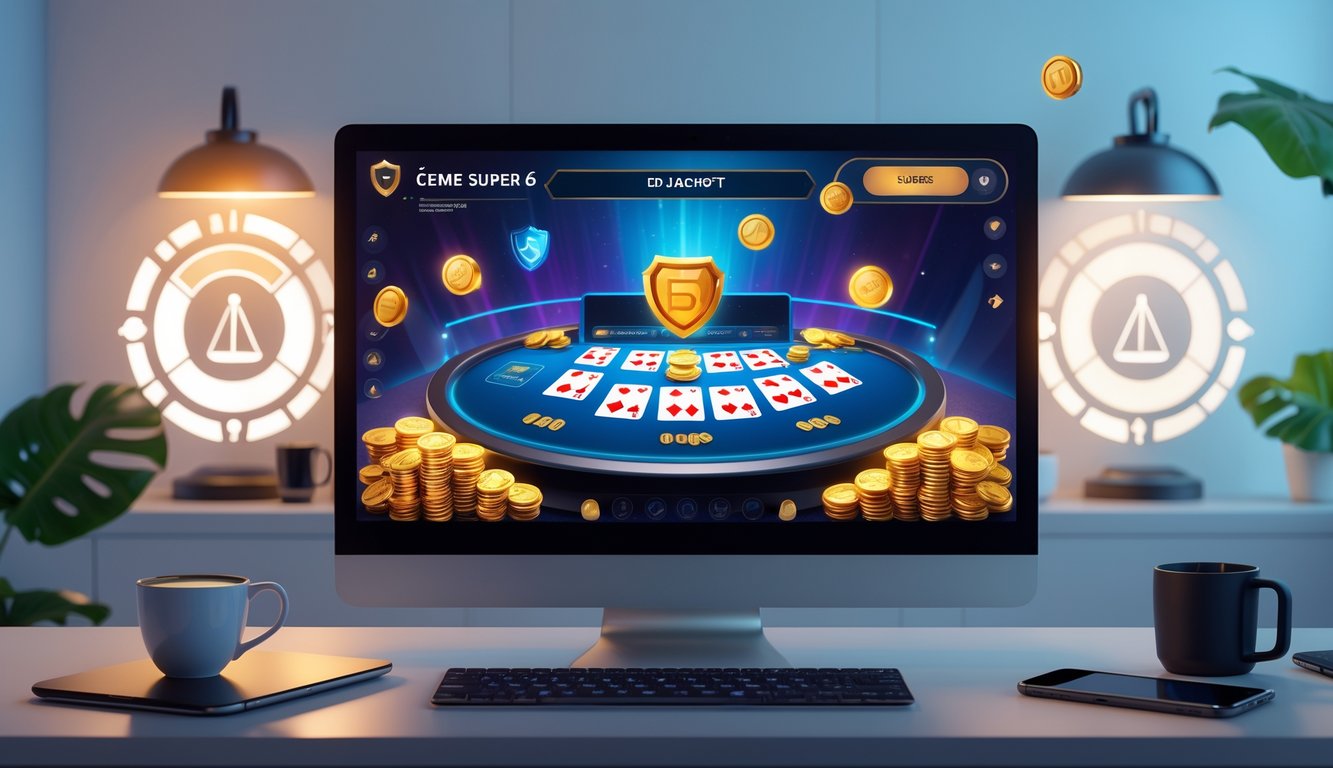 Seorang pengguna bermain permainan kartu online Ceme Super 6 di komputer dengan suasana yang profesional dan nyaman, menampilkan elemen yang melambangkan permainan yang adil dan jackpot besar.