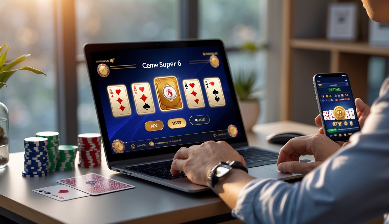 Seorang pemain dewasa sedang menggunakan laptop dengan tampilan permainan kartu online di meja yang rapi dengan chip poker dan kartu di sekitarnya.