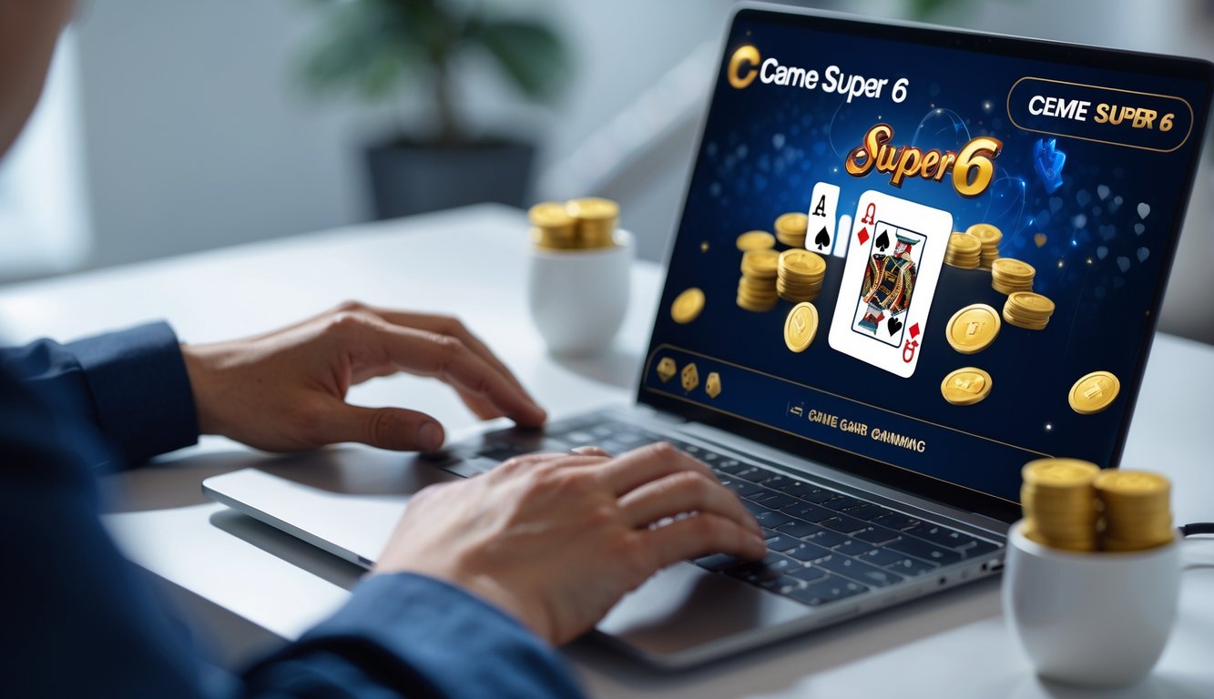 Seorang pemain sedang menggunakan komputer untuk bermain permainan kartu online Ceme Super 6 dengan suasana yang tenang dan profesional.