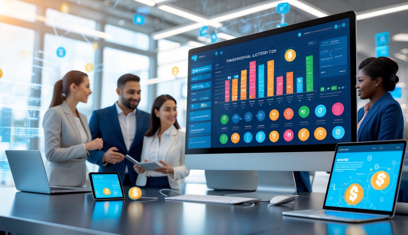 Sebuah ruangan kantor dengan beberapa profesional yang sedang berdiskusi di depan layar komputer besar yang menampilkan data dan grafik terkait pasar togel online.