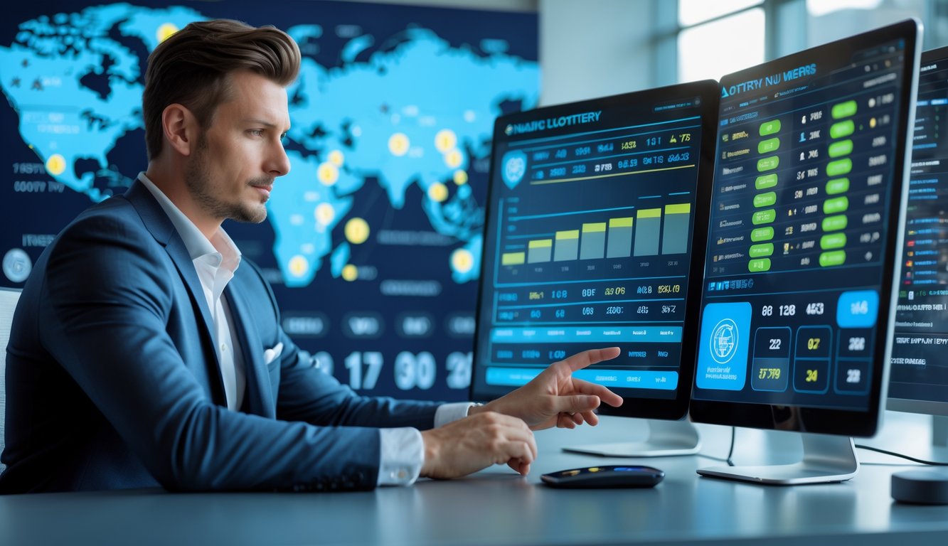 Seorang profesional sedang bekerja di meja dengan beberapa layar digital yang menampilkan data dan angka lotere dalam kantor modern.