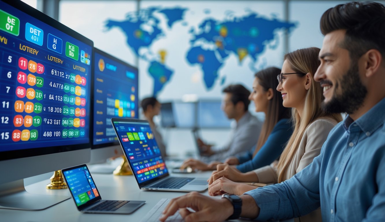 Orang-orang menggunakan komputer dan perangkat digital di ruang kerja modern yang terang, fokus pada aktivitas permainan lotere online.