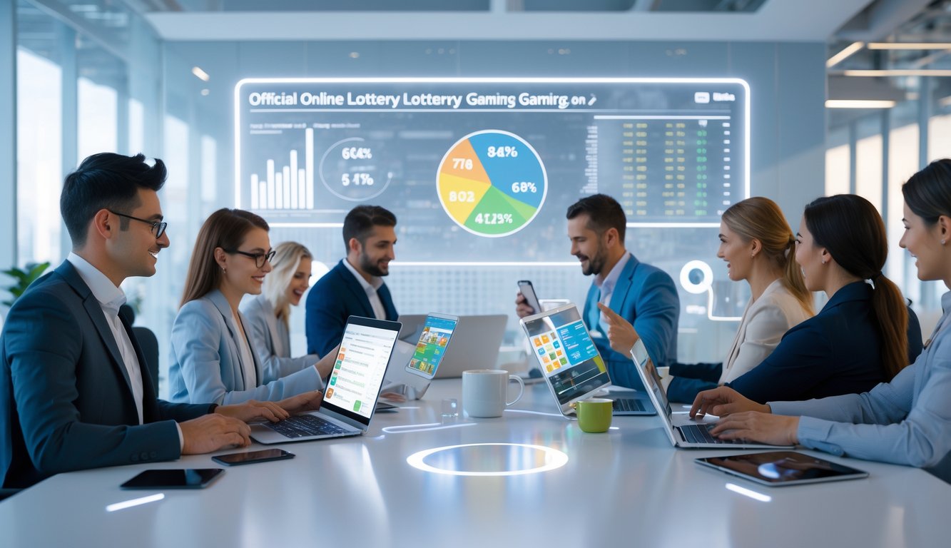 Orang-orang bekerja dengan perangkat digital di kantor modern yang menampilkan grafik dan data terkait permainan togel online.