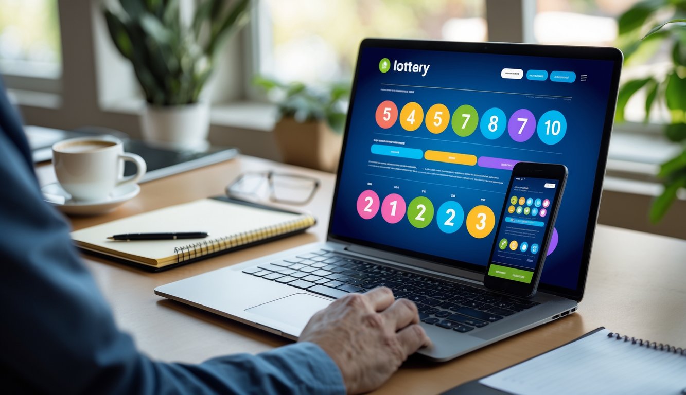 Meja kerja modern dengan laptop dan ponsel yang menampilkan aplikasi togel online, dikelilingi oleh alat tulis dan cangkir kopi.