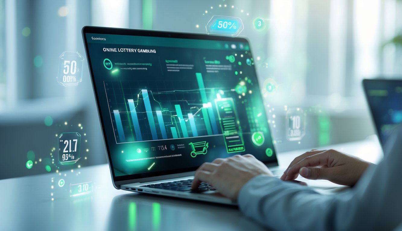 Sebuah komputer modern dengan layar menampilkan antarmuka digital yang futuristik dengan angka dan grafik, dikelilingi simbol diskon samar di latar belakang.