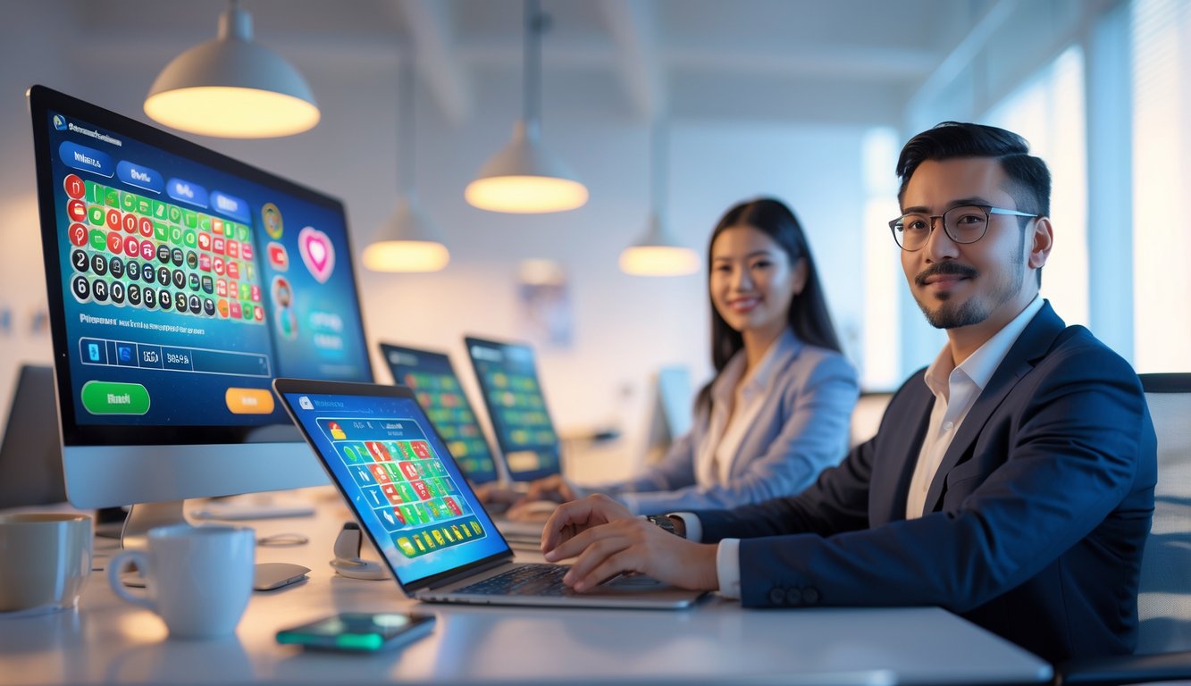 Dua orang dewasa duduk di meja dengan perangkat digital menampilkan permainan togel online dalam suasana kantor yang terang dan aman.