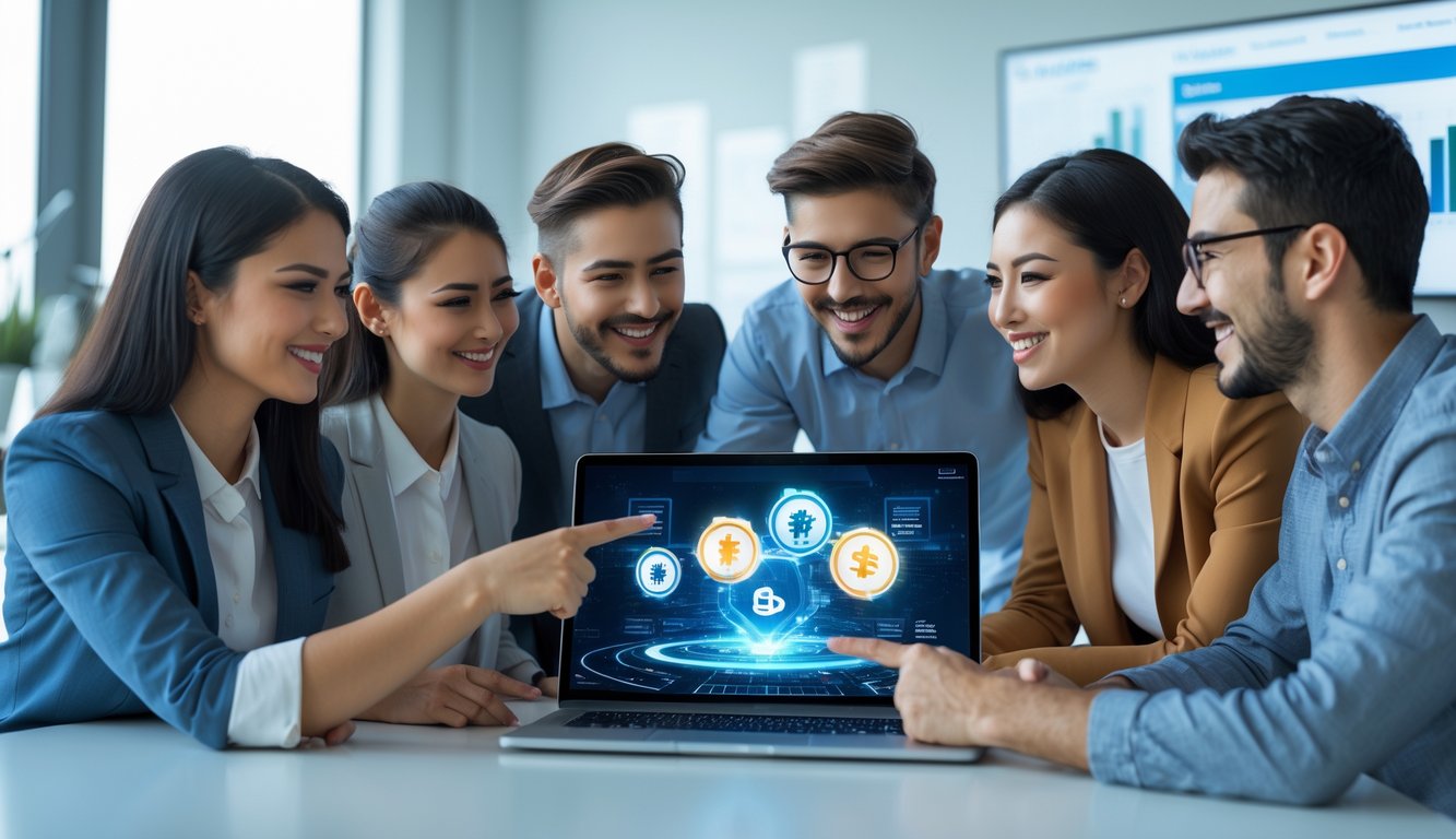 Sekelompok orang muda sedang berdiskusi di sekitar laptop di kantor modern yang terang dan rapi.