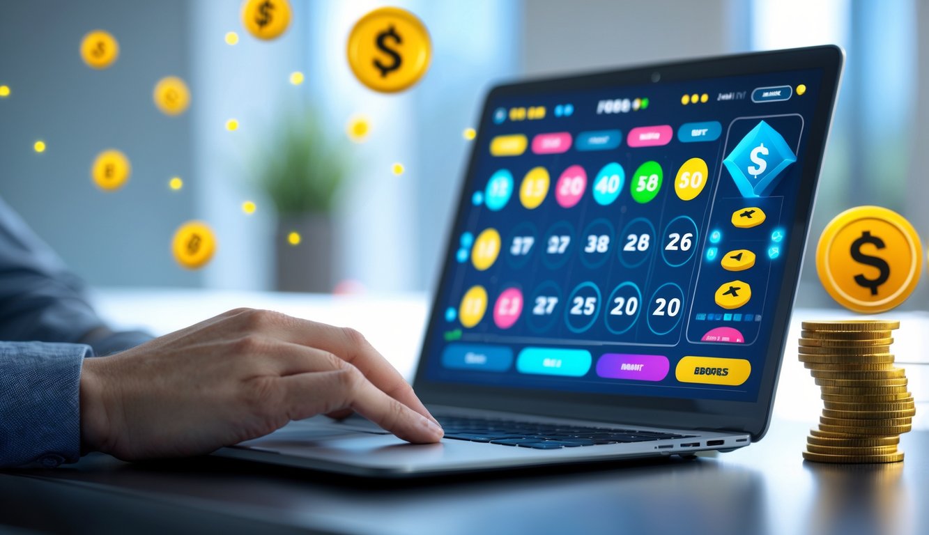 Seorang pengguna sedang melihat layar perangkat digital yang menampilkan antarmuka lotre online dengan angka dan grafik berwarna cerah.