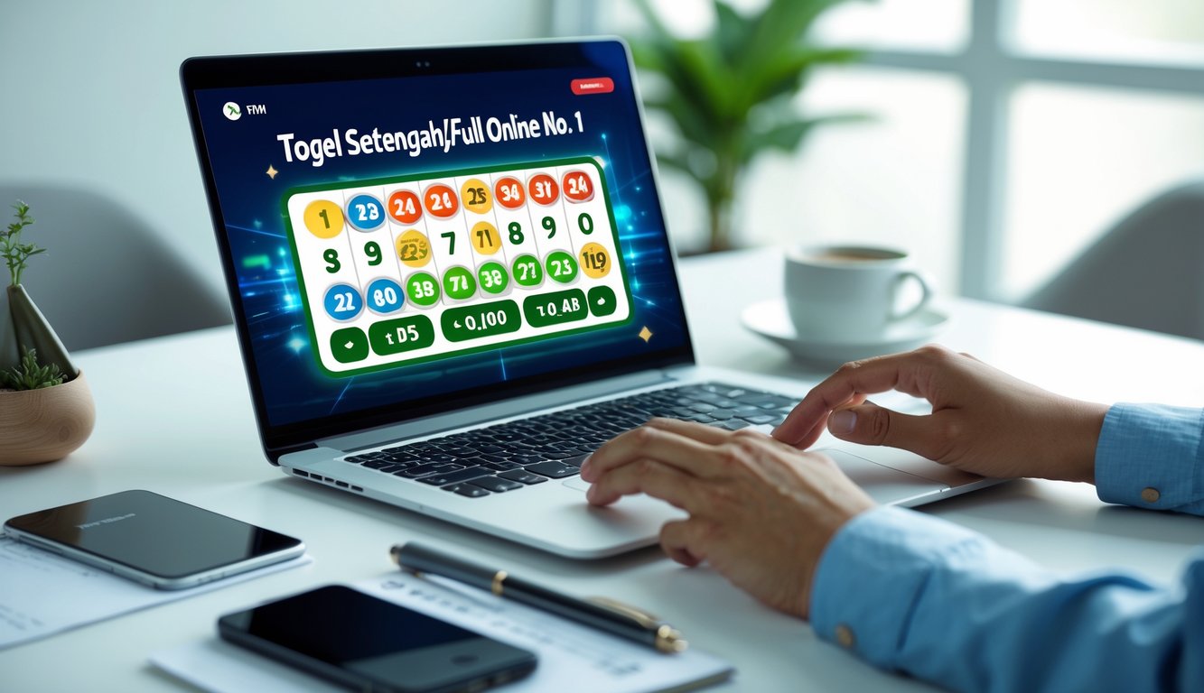 Seorang pengguna sedang menggunakan laptop di meja kerja modern untuk bermain togel online dengan tampilan angka dan opsi taruhan di layar.