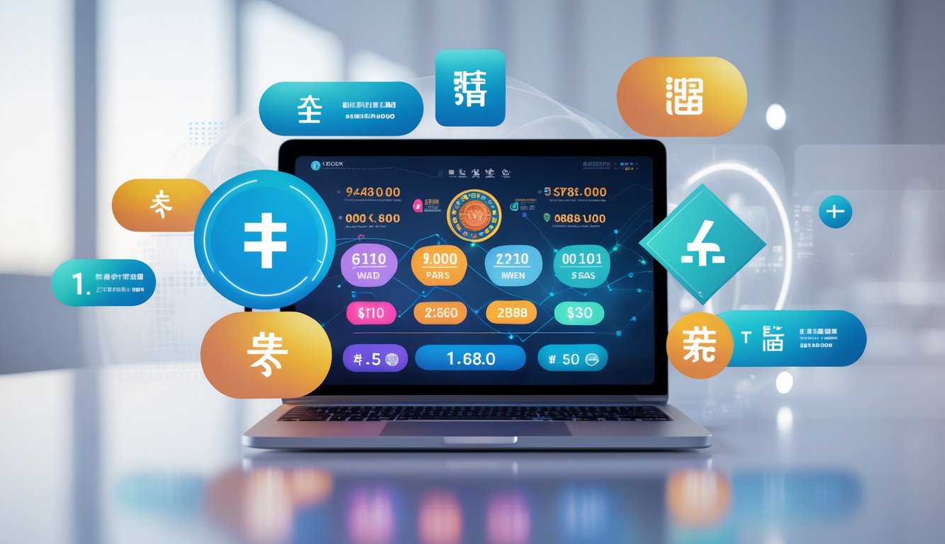 Seseorang menggunakan perangkat digital yang menampilkan antarmuka lotere online dengan elemen pasar Asia di sekitarnya.