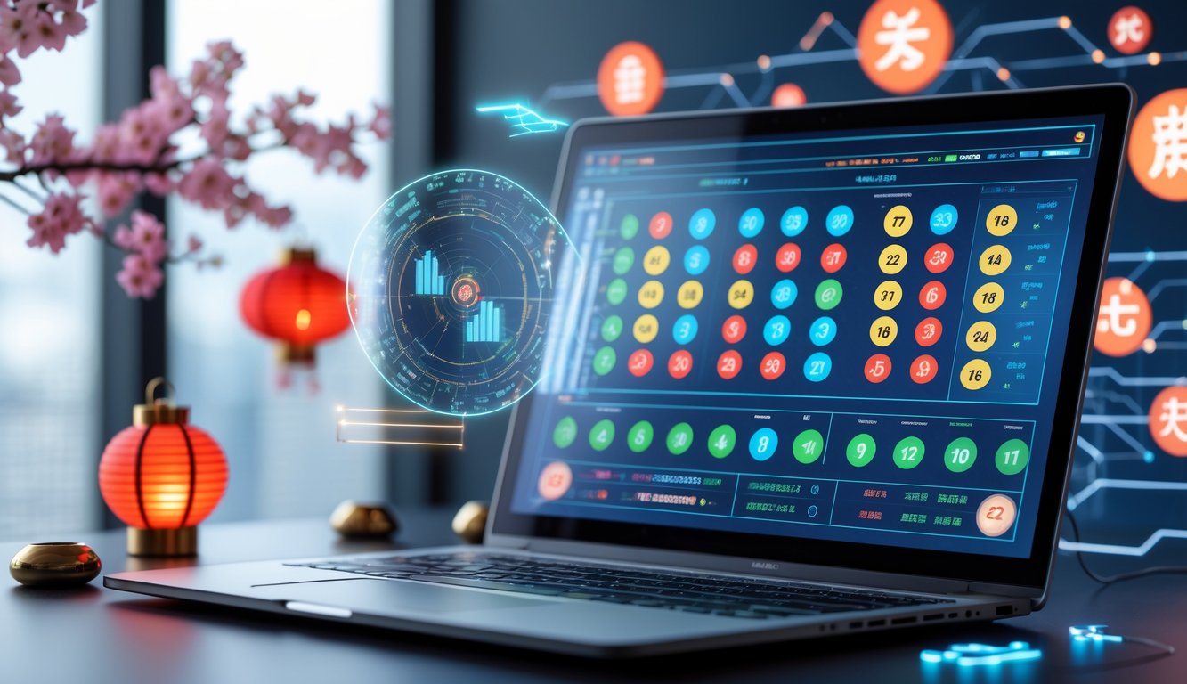 Sebuah laptop di meja kerja modern menampilkan angka dan grafik togel dengan latar belakang elemen digital dan ornamen budaya Asia.