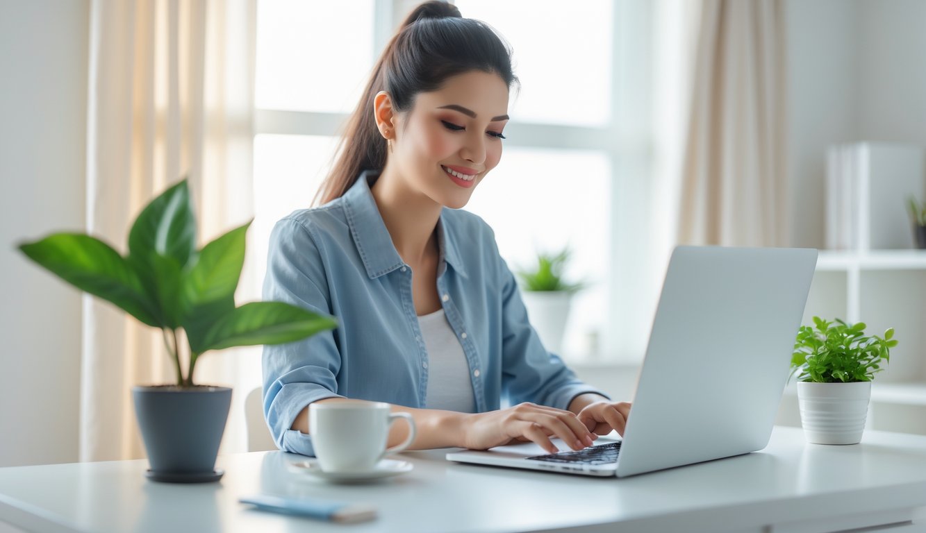Seorang wanita muda duduk di meja kerja menggunakan laptop dengan suasana ruangan yang terang dan rapi.