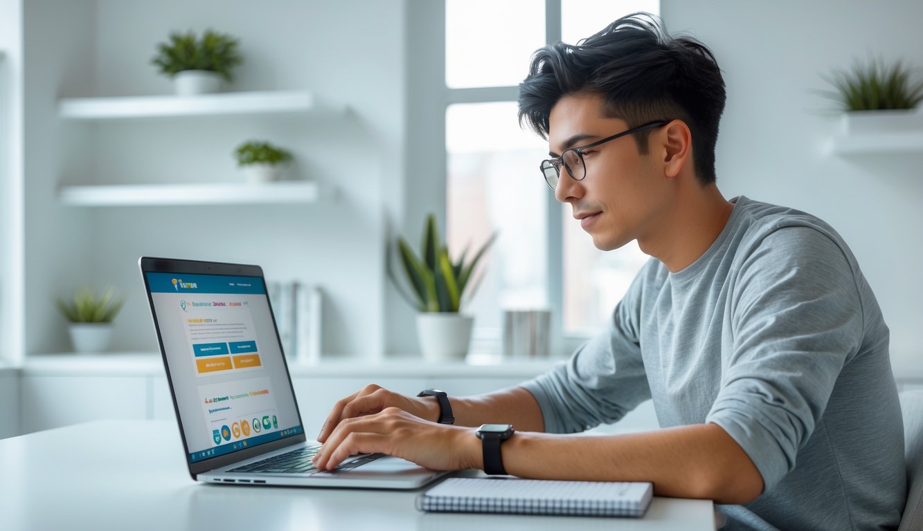 Seorang pria muda sedang duduk di meja dengan laptop terbuka, fokus menggunakan situs togel online di ruangan kantor rumah yang terang dan rapi.