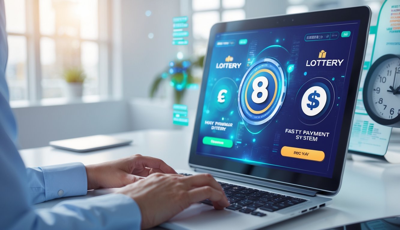 Seseorang menggunakan laptop dengan tampilan antarmuka platform lotre online dan ikon sistem pembayaran cepat di lingkungan kantor yang terang dan modern.