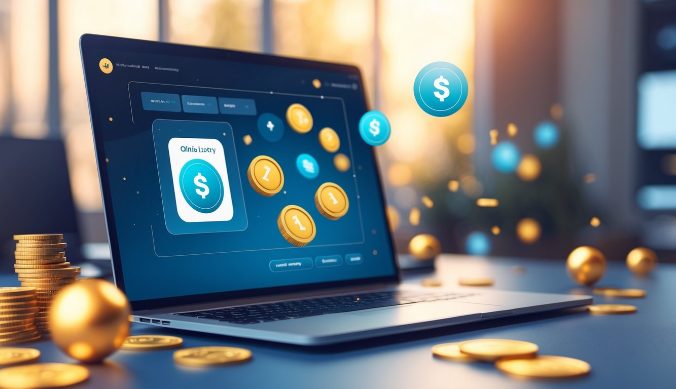 Seorang pria menggunakan laptop di meja kerja dengan bola lotere dan koin di sekitarnya.