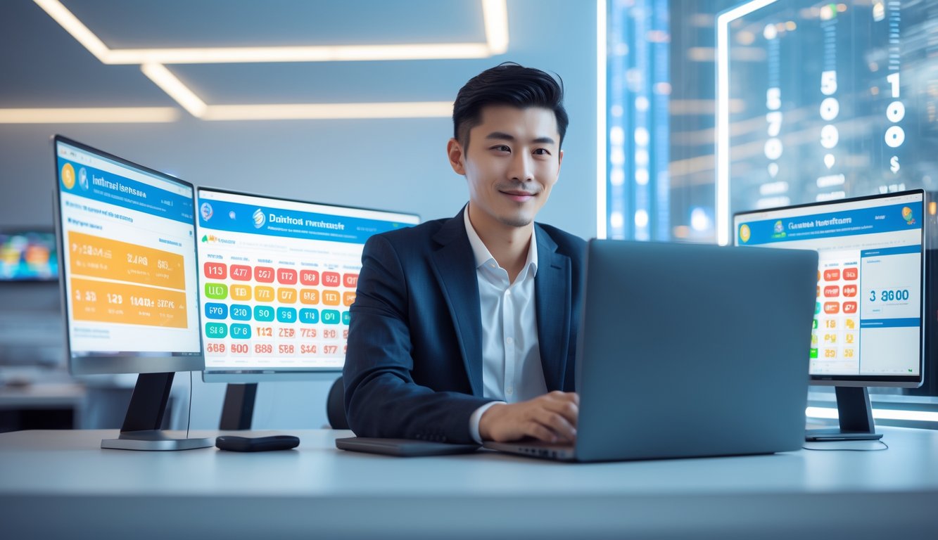 Seorang pria muda duduk di meja kantor modern menggunakan laptop dengan layar menampilkan grafik dan angka lotere digital.