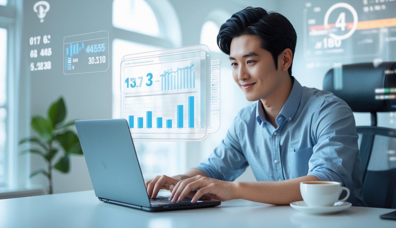 Seorang pria muda duduk di meja dengan laptop, fokus menganalisis data di ruangan terang dan rapi.