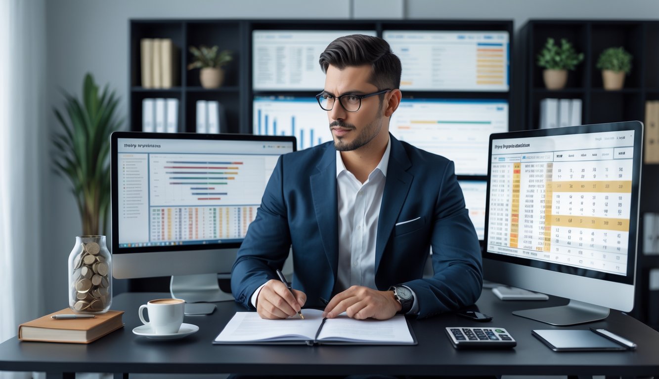 Seorang pria duduk di meja kerja dengan beberapa layar komputer menampilkan data prediksi togel, fokus menganalisis informasi di kantor rumah yang rapi.