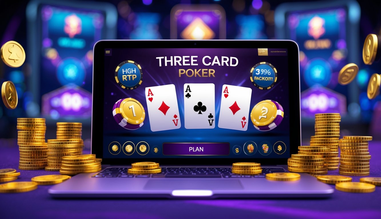 Layar komputer menampilkan permainan Three Card Poker online dengan tumpukan chip poker dan koin emas di sekitarnya.