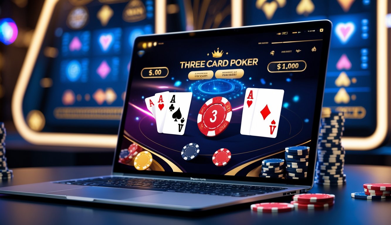 Tampilan komputer dengan permainan Three Card Poker online, menampilkan kartu, chip poker, dan meter jackpot besar.