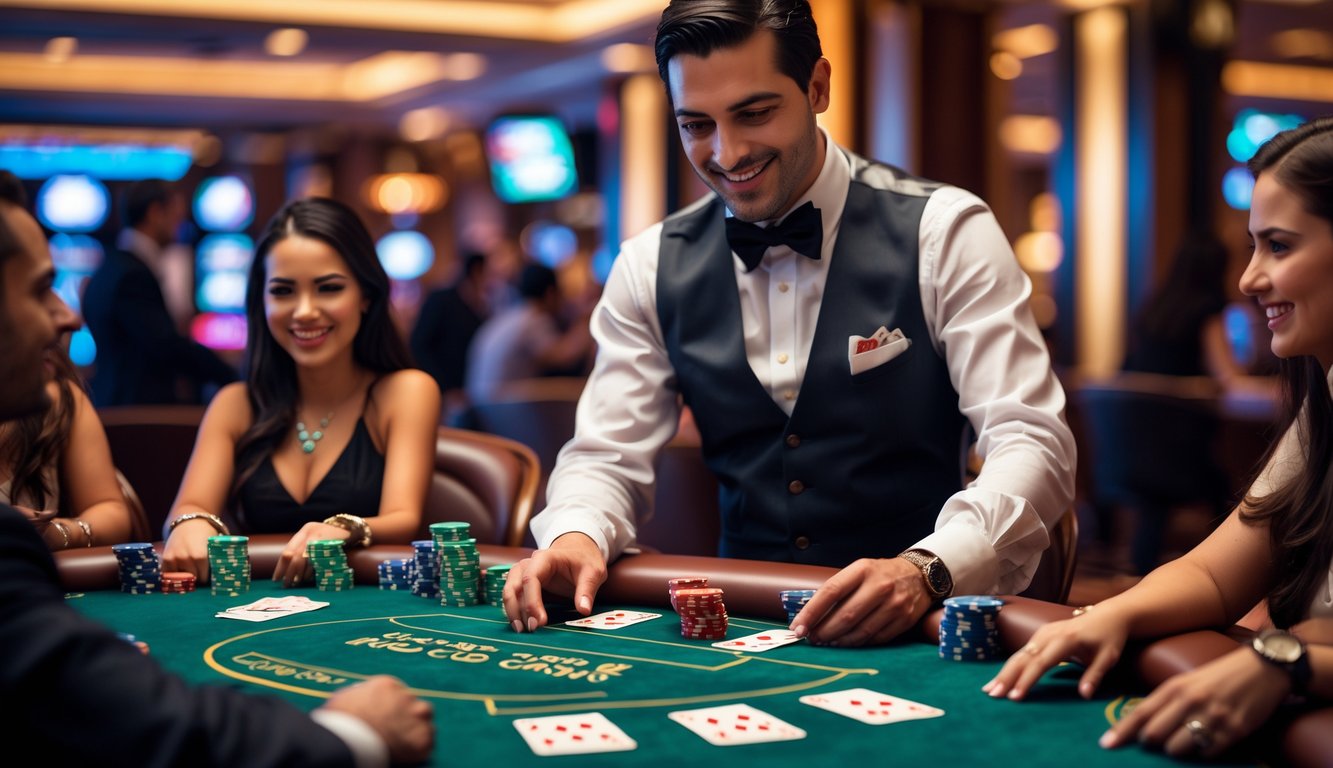 Meja permainan Three Card Poker di kasino dengan dealer dan pemain yang sedang bermain kartu.