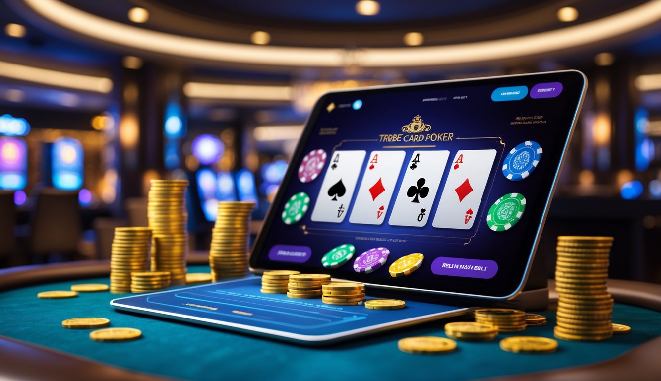 Suasana kasino online dengan layar menampilkan permainan Three Card Poker, tumpukan chip poker, dan koin emas di meja, dengan latar belakang dekorasi bertema Asia.