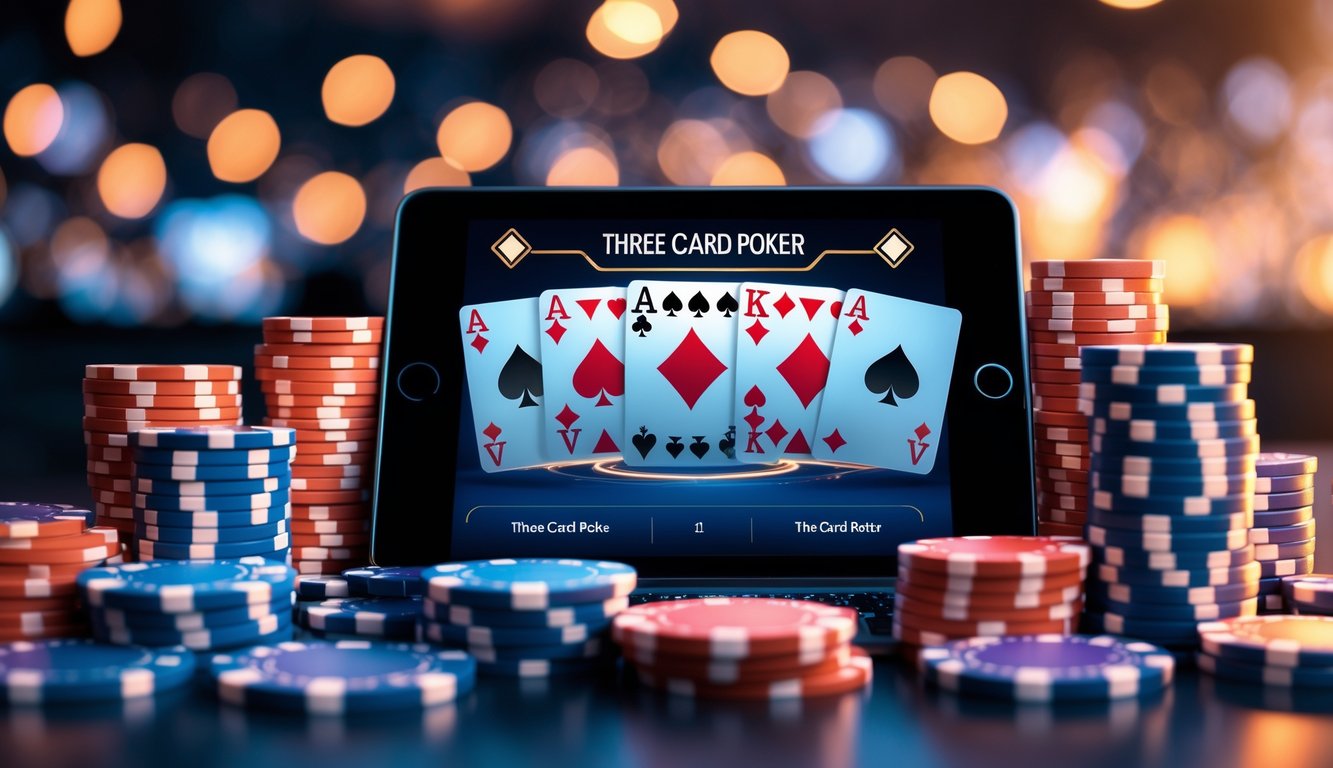 Suasana permainan poker tiga kartu online dengan perangkat digital menampilkan kartu dan tumpukan chip poker di atas meja.