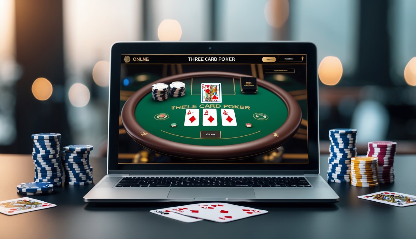 Meja poker digital dengan laptop menampilkan permainan Three Card Poker, dikelilingi oleh chip poker dan kartu bermain, menunjukkan suasana kasino online.