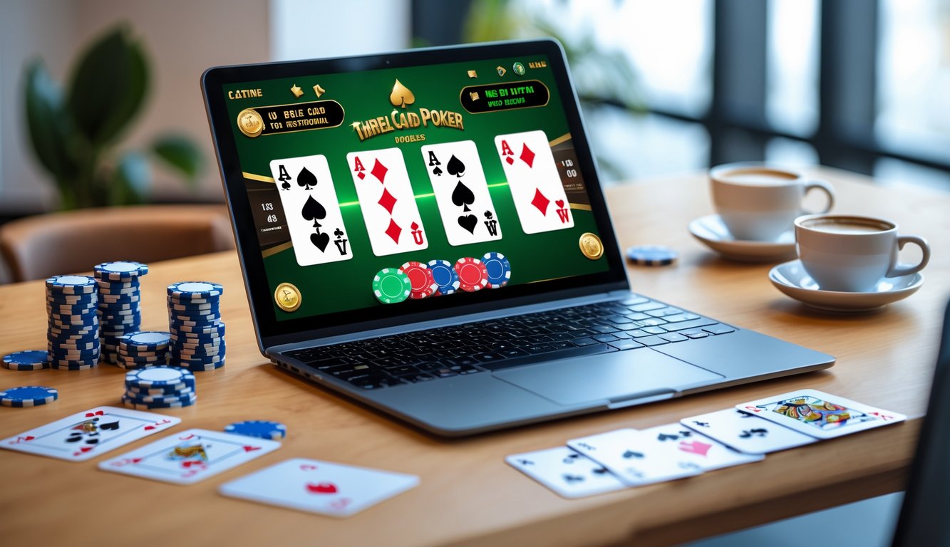 Seorang pemain menggunakan laptop dengan tampilan permainan Three Card Poker online, di meja terdapat kartu remi dan chip poker.