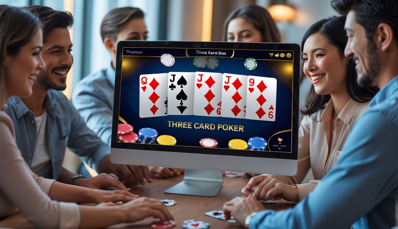 Orang-orang sedang bermain Three Card Poker online di depan komputer dengan kartu dan chip terlihat jelas.