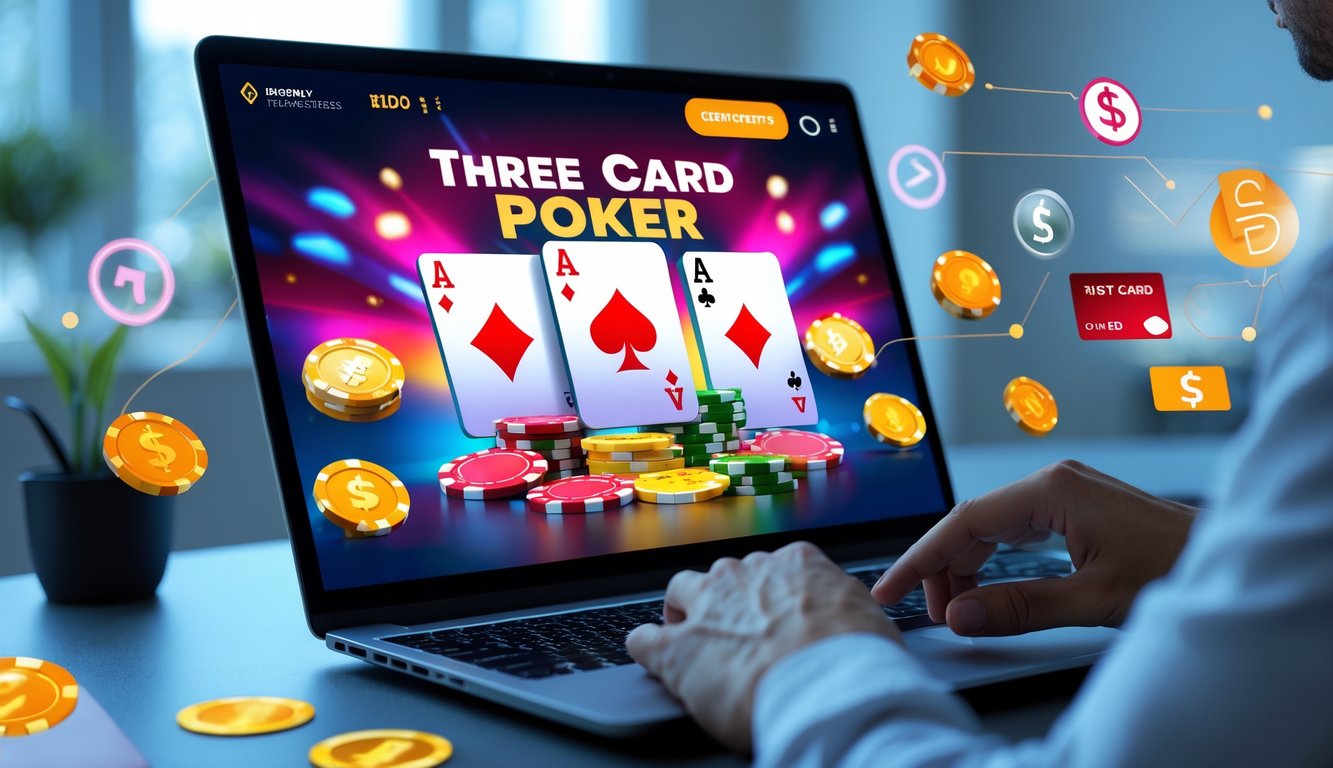 Seseorang bermain permainan Three Card Poker online di komputer dengan simbol pembayaran cepat di sekitar layar.