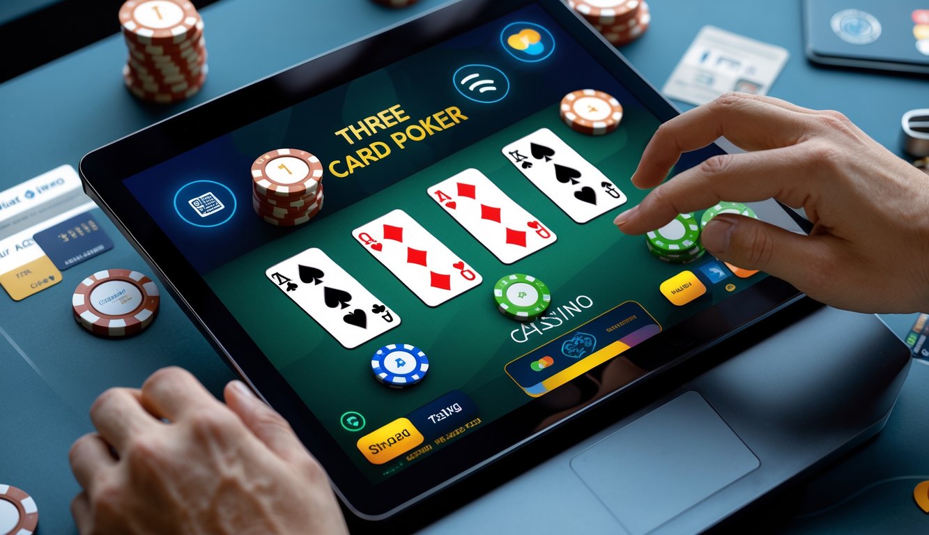Seorang pemain menggunakan perangkat digital untuk bermain Three Card Poker online dengan latar belakang simbol pembayaran cepat dan aman.