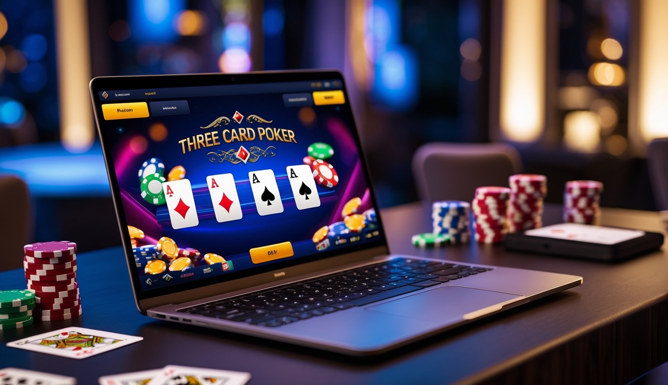Sebuah layar komputer menampilkan permainan poker tiga kartu online dengan tumpukan chip poker dan kartu di atas meja kayu gelap.