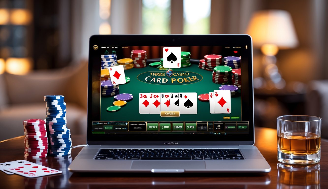 Seorang pemain sedang bermain Three Card Poker online dengan laptop dan tumpukan chip di atas meja kayu.