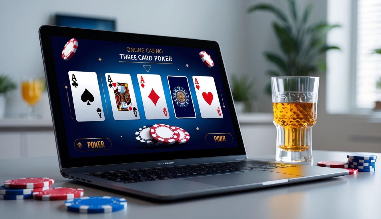 Seorang pemain menggunakan laptop dengan permainan Three Card Poker online yang sedang berlangsung, dikelilingi oleh chip poker dan kartu bermain.