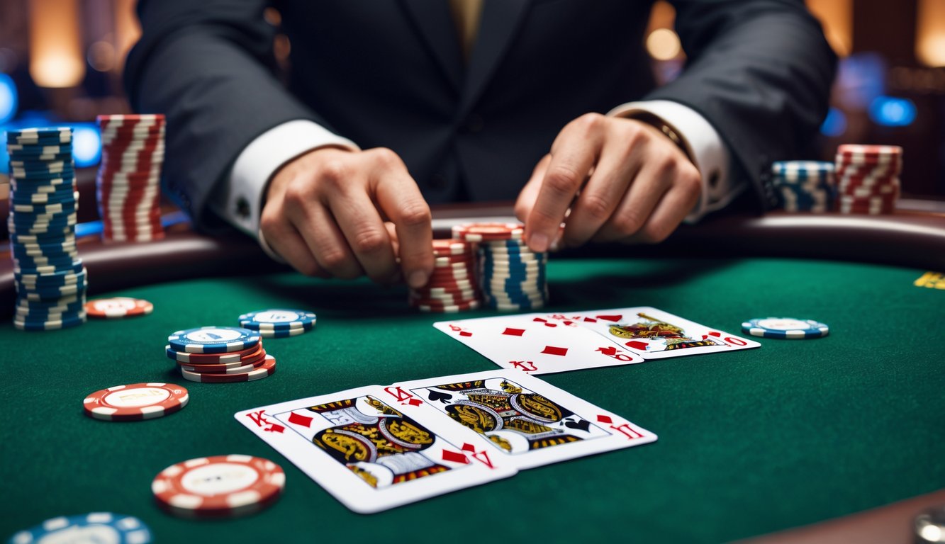 Suasana meja poker dengan tiga kartu terbuka dan tumpukan chip di kasino mewah.